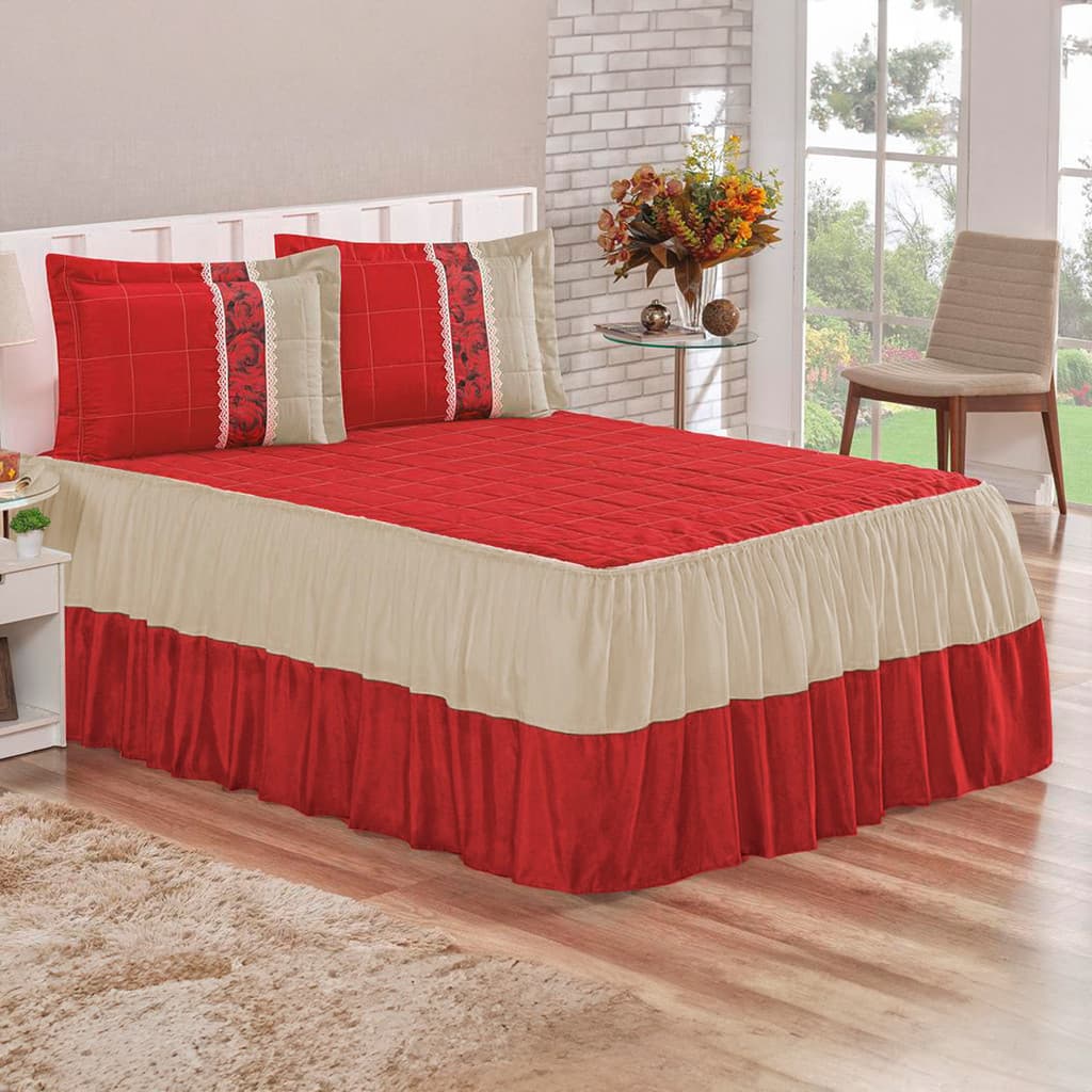 Colcha Cobre Leito Casal Queen 3 Peças Babado Duplo Toque Macio Porta Estampado Romance Cama