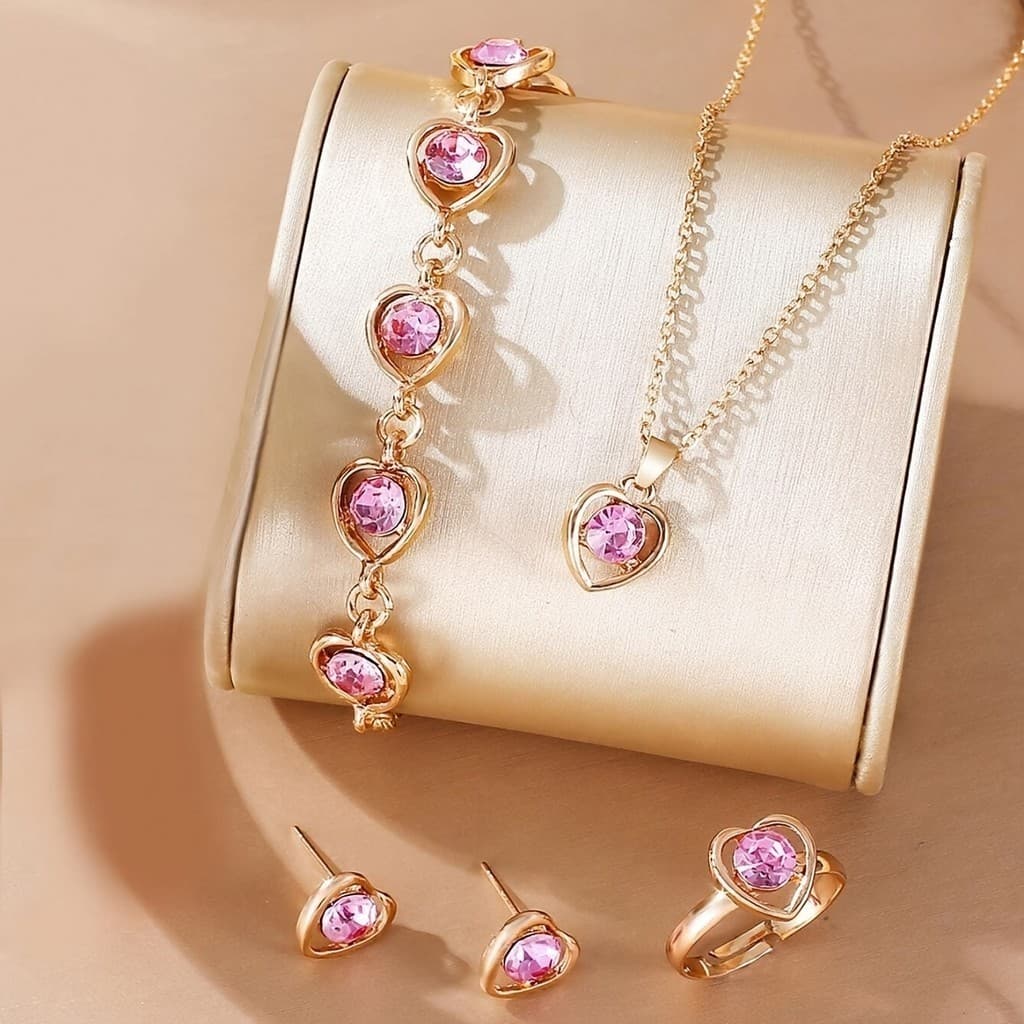 Conjunto 5 Peças Femininas - Colar Pulseira Anel Brincos -  Rosa