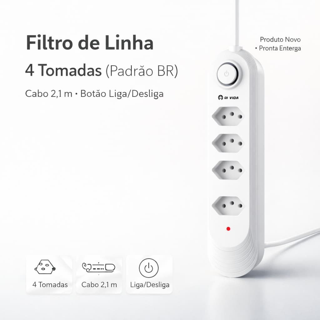 Filtro de Linha 4 Tomadas Padrão Brasileiro 3 Pinos 2500W Bivolt 110–220V Cabo 2,1m com Interruptor Liga/Desliga