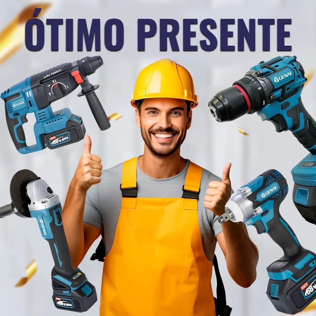 Sem escovas Caixa Kit de ferramentas 4 em 1 Furadeira, Chave de fenda/Chave de impacto/Amolador/Martelo 2 baterias de