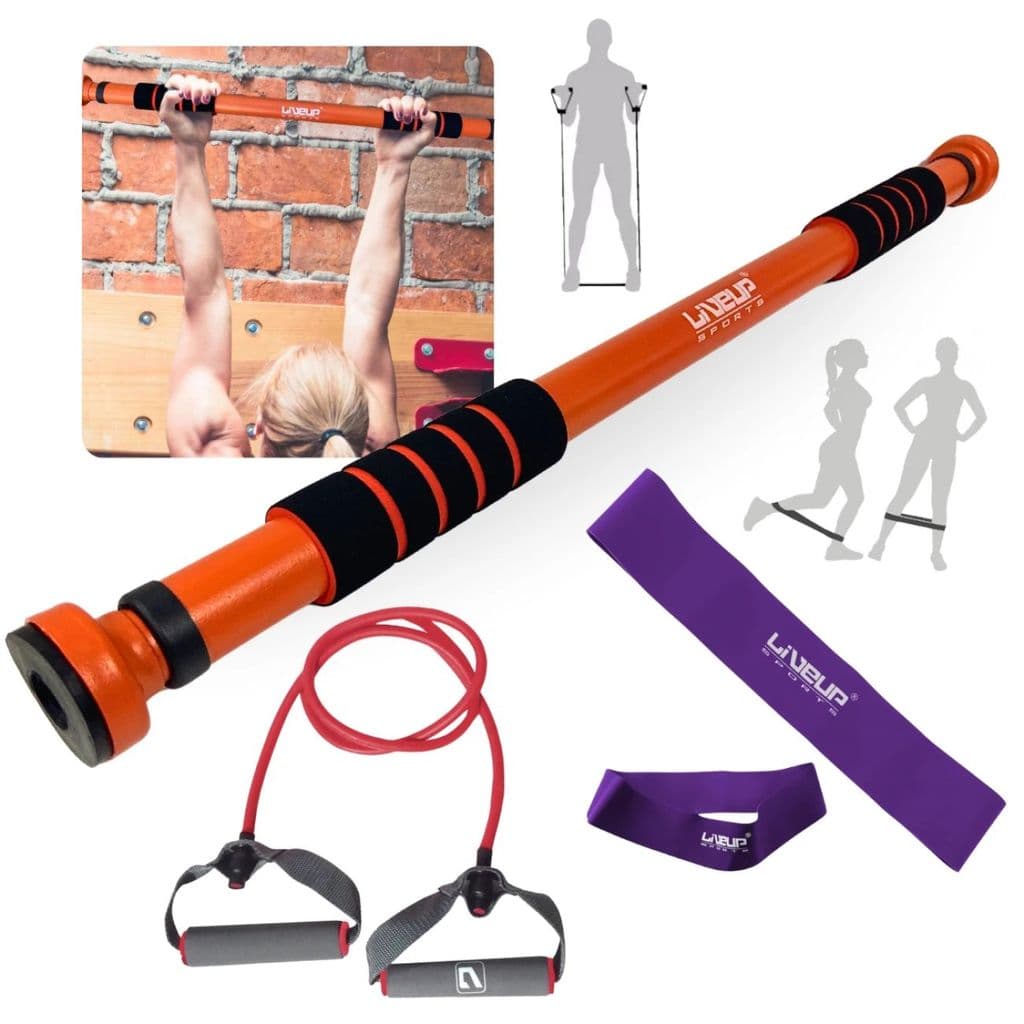 Kit Treino em Casa Barra de Porta Ajustável 65-95cm + Extensor 1 Via e Mini Band Super Forte