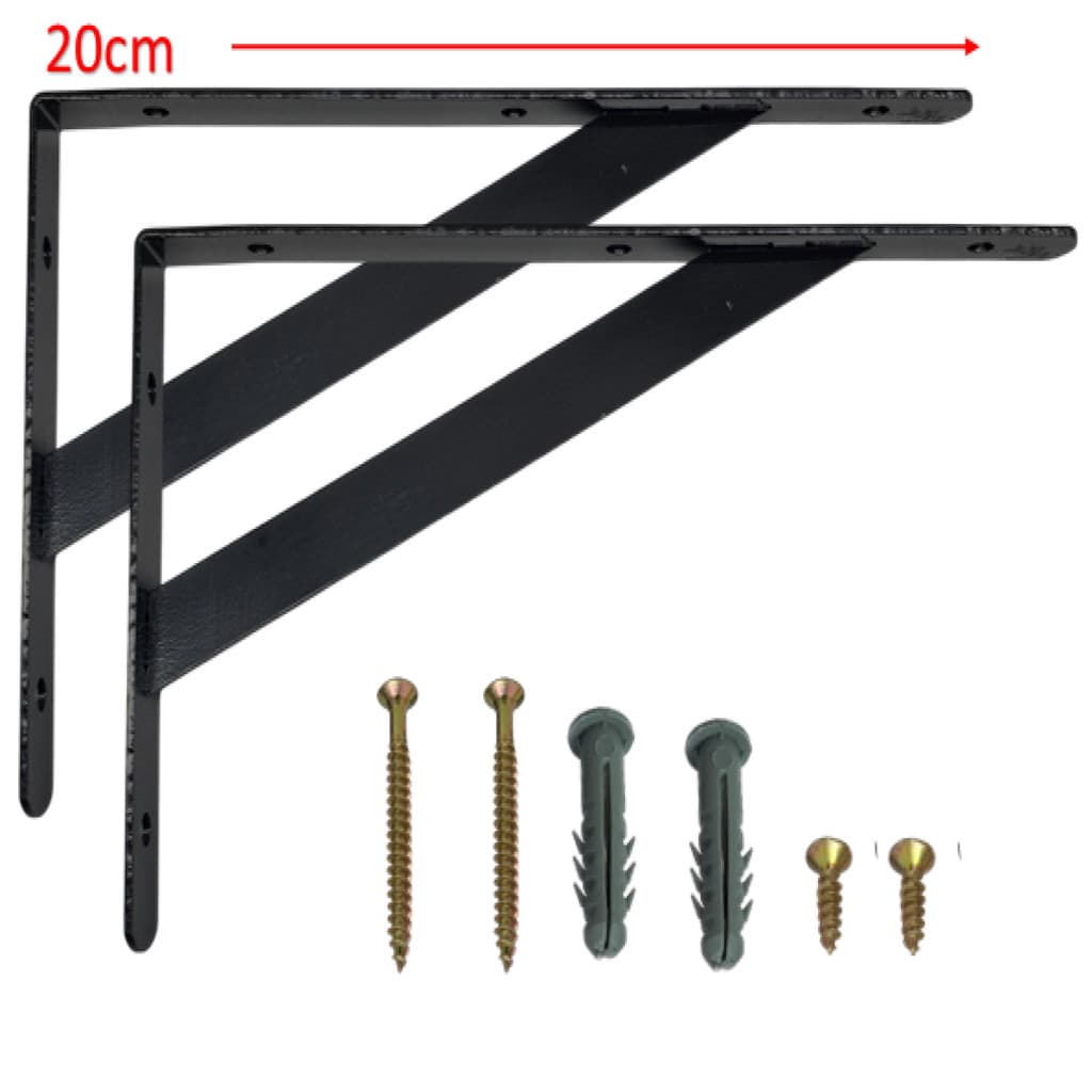 1 Par de Suporte Prateleira 20cm Reforçado Cantoneira Aço Preto Mão Francesa Com Bucha e Parafuso