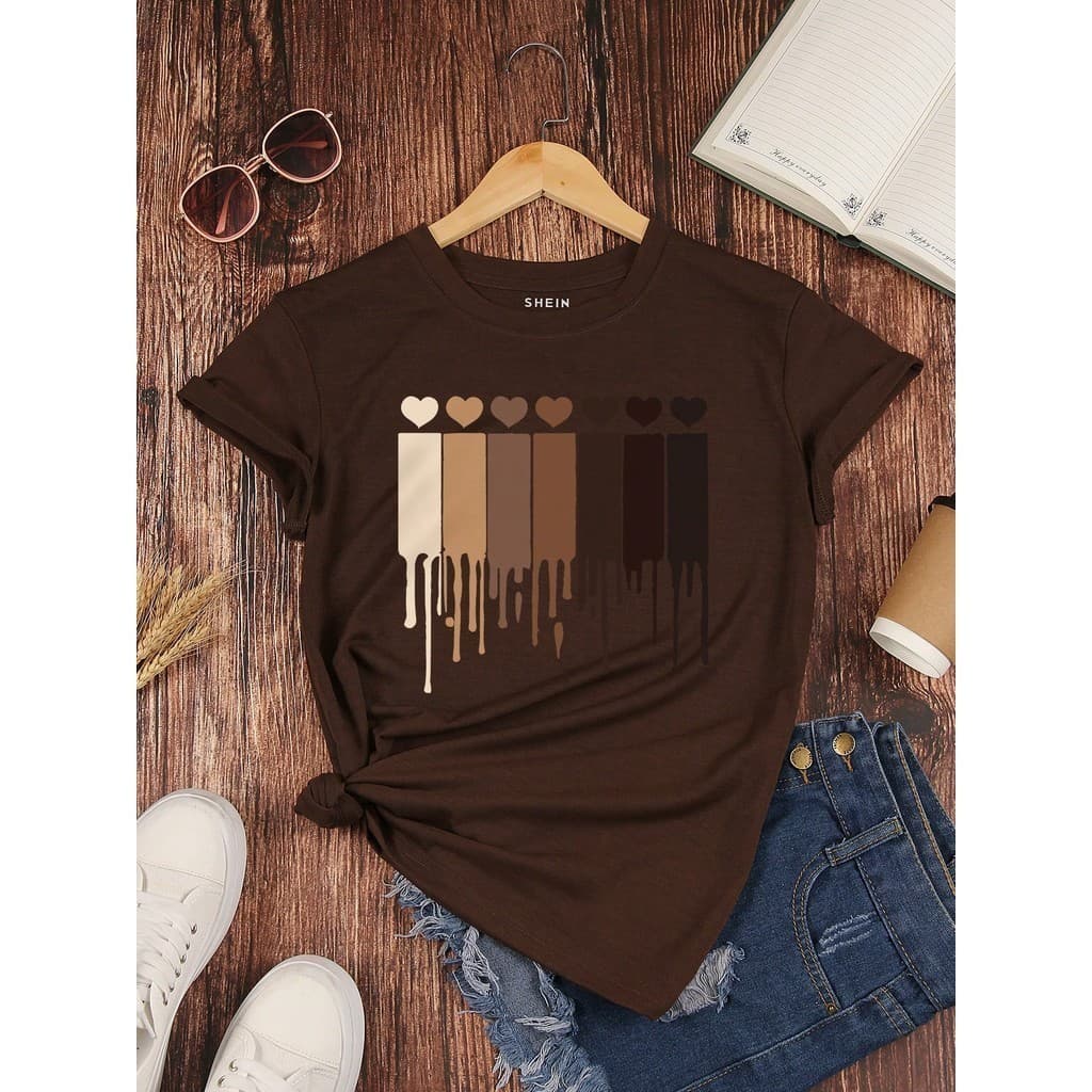 Camiseta Feminina Coração Pintura T-Shirt 100% Algodão Fio 30.1 Tendência Moda Feminina