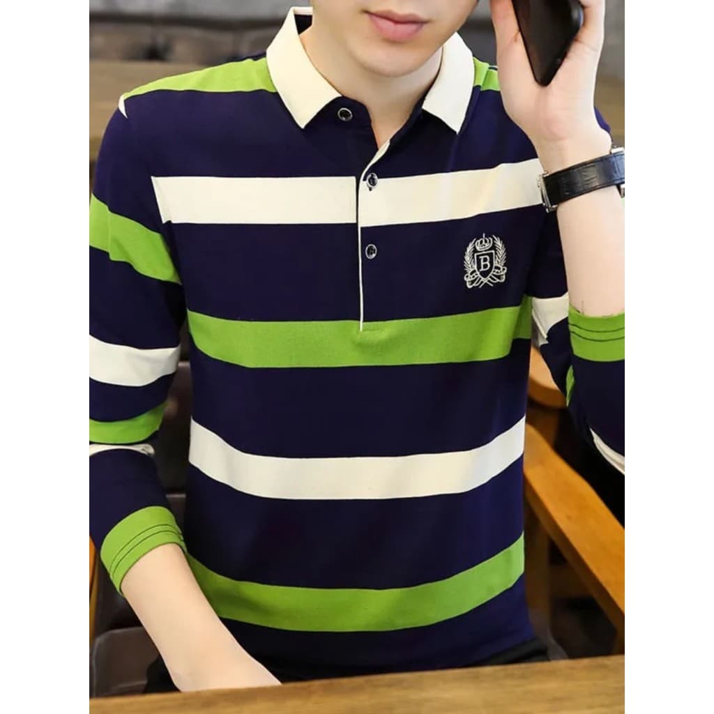 Modal camisa POLO de manga comprida masculina listrado camiseta novo estilo High-End versão coreana magro-ajuste primave