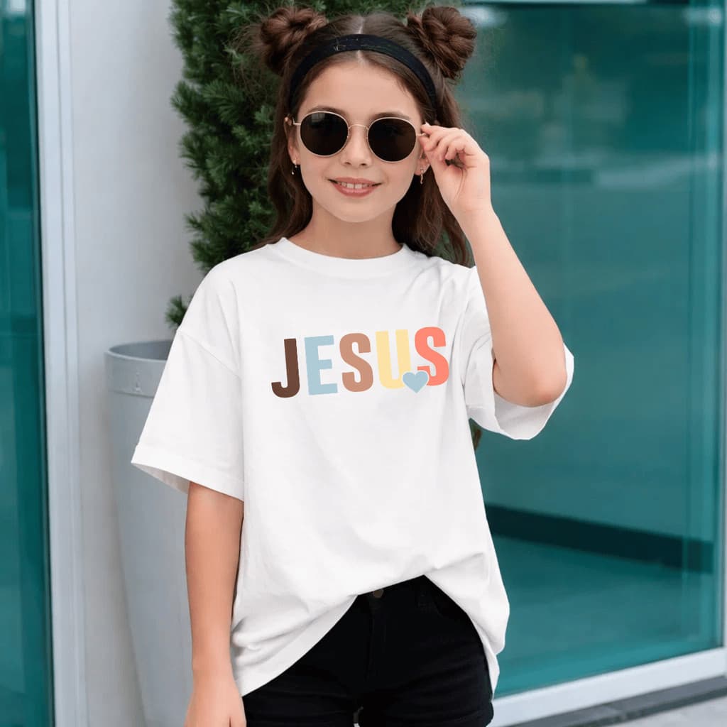 Camiseta Infantil Estampada JESUS Criança 100% Básica Manga Curta Unissex Masculina e Feminino Básica