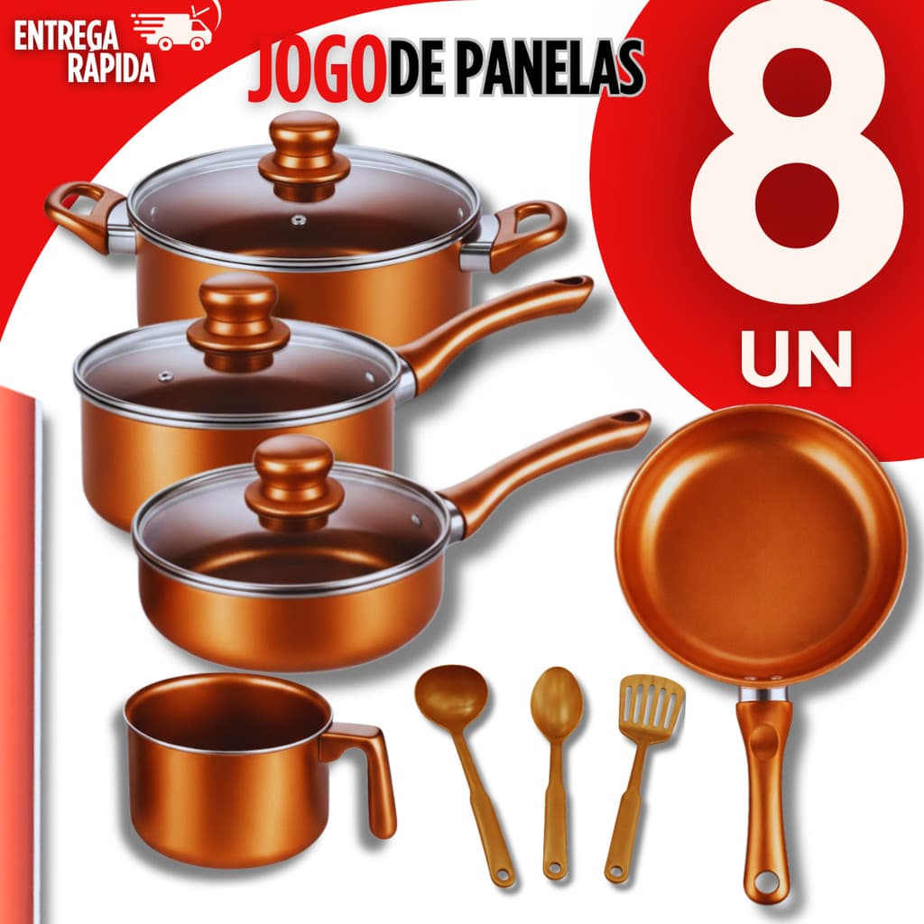 Jogo de Panelas Antiaderente Estilo Cobre Não Gruda Panela Caçarolas Frigideira Leiteira Utensílios