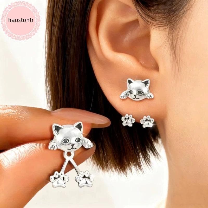 Haostontr Vintage Engraçado Cor Prata Gato Brinco Para Mulheres Bonito Animal Pata Ba Pendurado Brincos Festa Banquete P