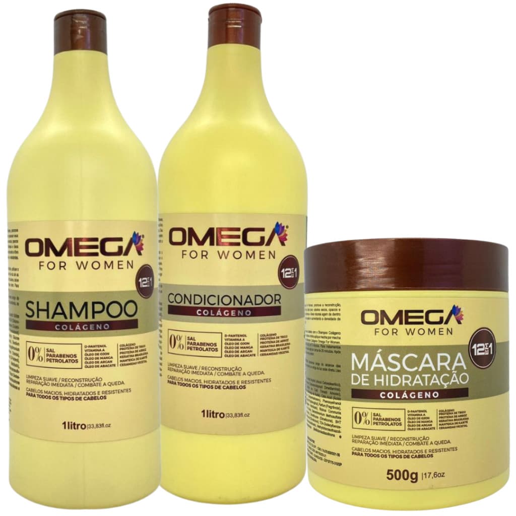Kit de cabelo Colágeno shampoo e condicionador 1Litro+máscara creme de hidratação capilar 500g Omega Hair