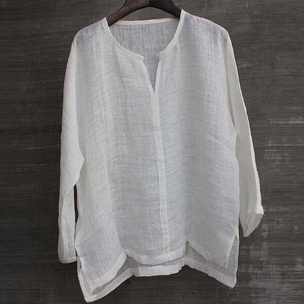 Camisa De Linho Confortável Respirável Cor Sólida Comprida Solta Harajuku Casual Blusa Havaiana