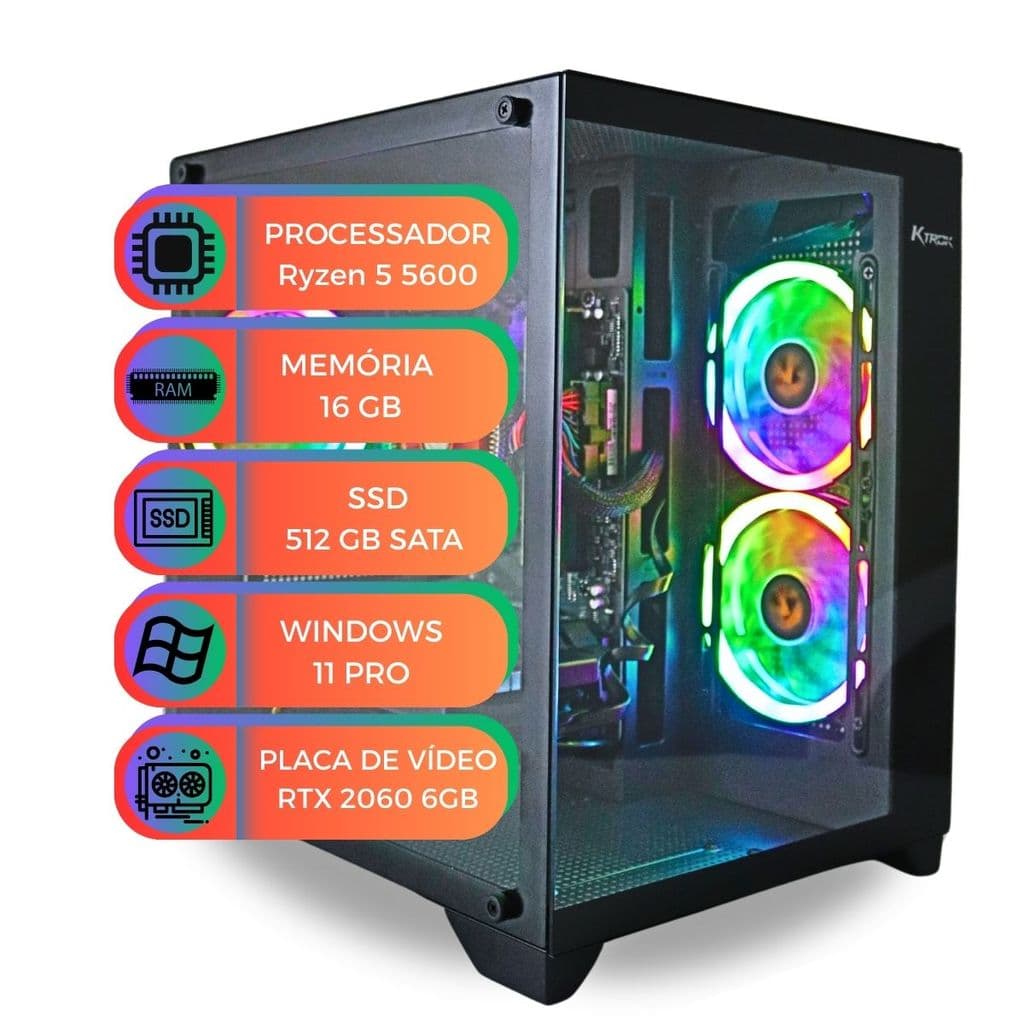 PC Gamer Ryzen5 5600 Placa de vídeo RTX2060 6GB Memória Ram 16GB SSD 512GB Windows 11
