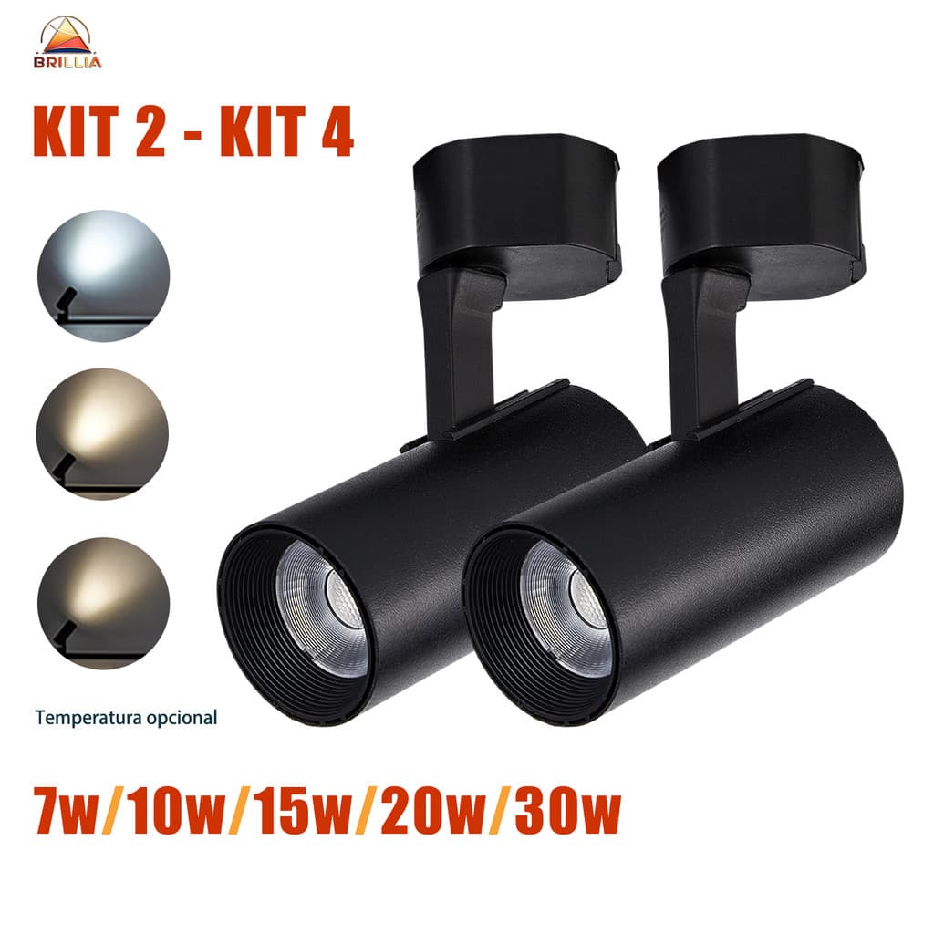 Kit 2 a 4 Spot LED Trilho Ajustável 7W 10W 15W 20W 30W Bivolt Luz Quente Neutra Fria Preto/Branco