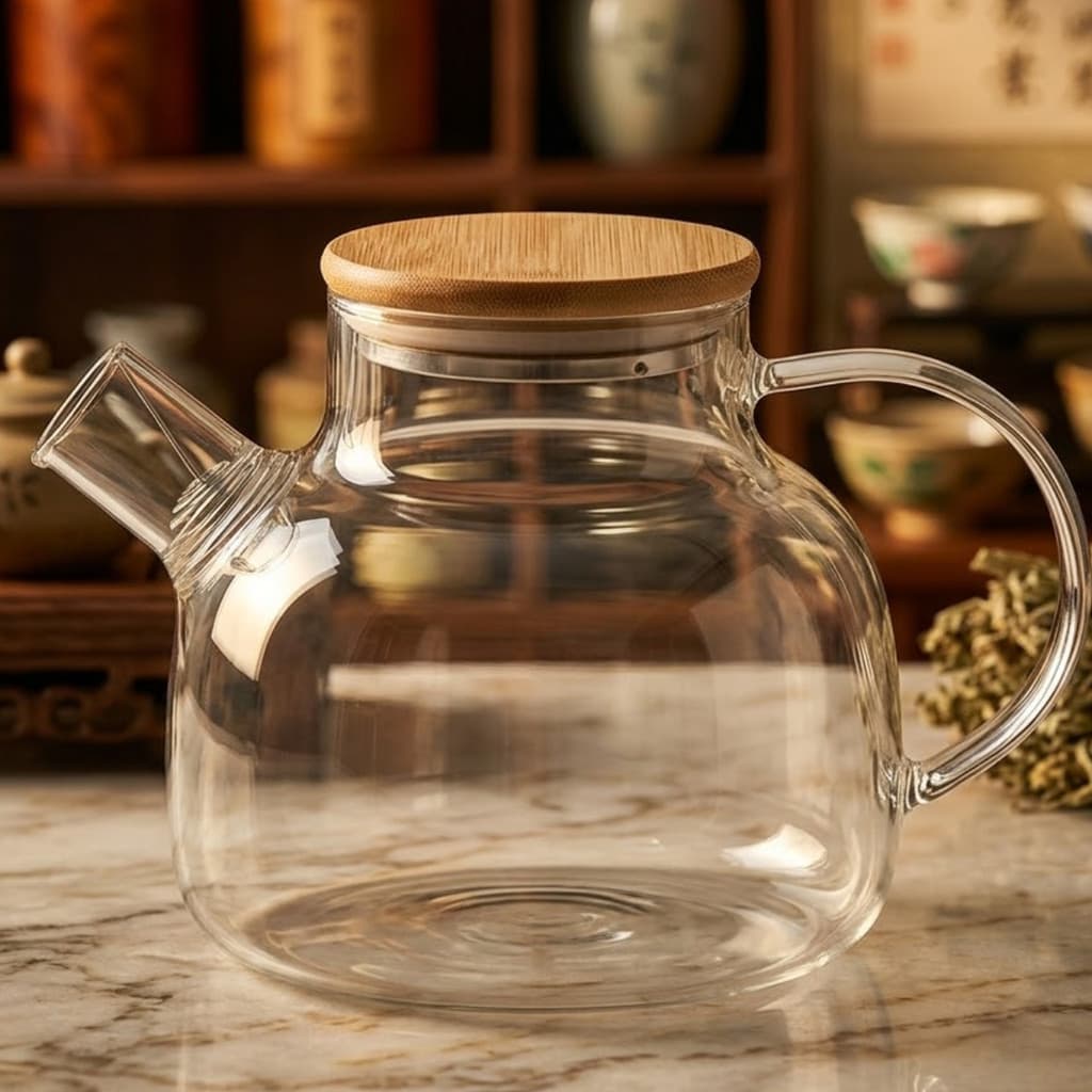 Bule de Vidro Jarra com Tampa de Bambu e Infusor 1litro Chaleira Transparente