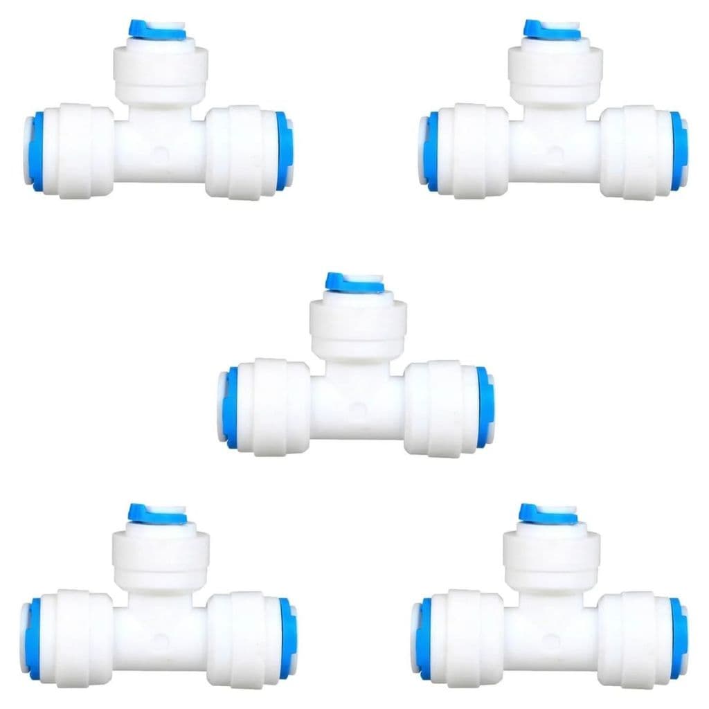 Kit 5 Conector União T Engate Rápido 1/4" x 3/8" x 1/4" para Filtro e Mangueira Alta Resistência
