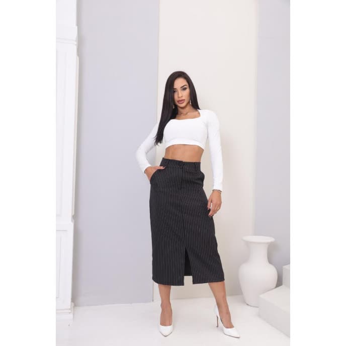 Saia Feminina  Midi Longa  Alfaiataria Listrada Risca de Giz Cintura Alta Elegante Evangelica
