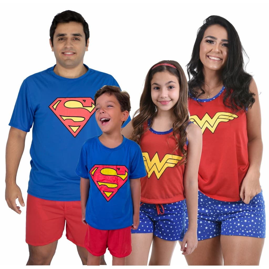 Kit Combinando Pijama Família Mulher Maravilha E Superman Verão Estampas Divertidas Fofas Confortável