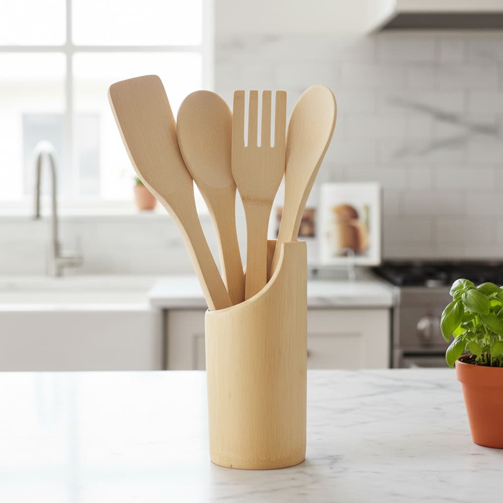 Kit 5 Utensílios de Cozinha em Bambu com Cepo Organizadora Prático Funcional para Uso Diário