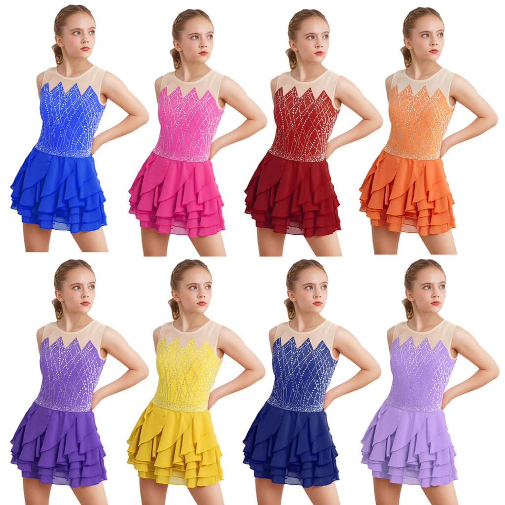 Crianças Meninas Patinação Artística Dança Traje Em Torno Do Pescoço Sem Mangas Strass Brilhantes Camadas Babados Vestido Dancewear