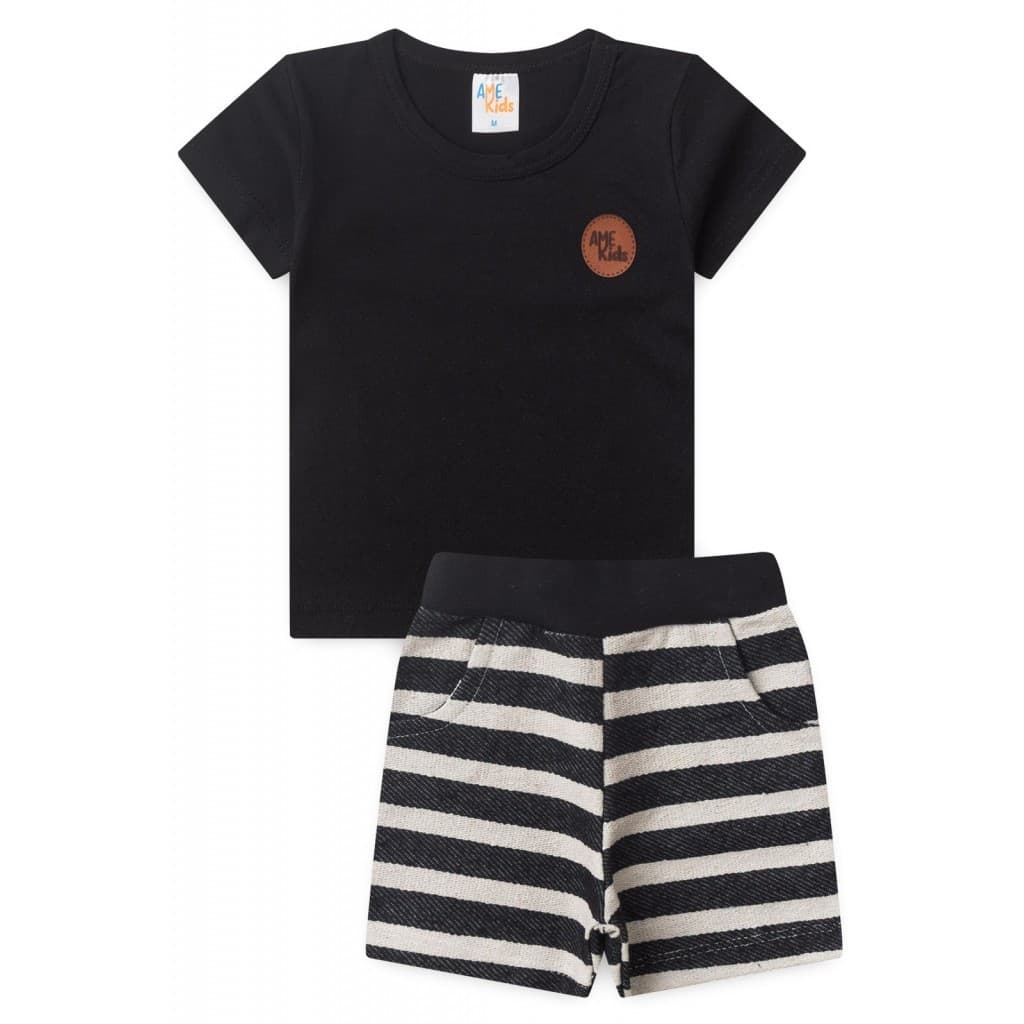 Conjunto Infantil Masculino de Meia Malha e Moletinho EcoSustentável Listrado Preto