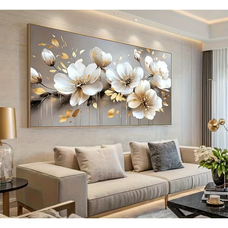 Quadro Decorativo Flores de Magnólia Dourada Grande Decoração Sala Quarto Hall Luxo 110x70 Grande