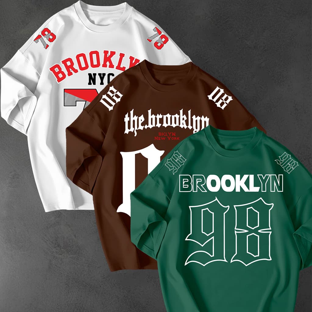 Kit 3 Camisetão Oversized Brooklyn NYC 78 98 Estampa Streetwear Algodão Premium Casual Unissex Look