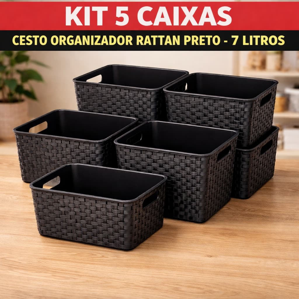 Kit 5 Caixas Cesto Organizador Rattan Preto - 7 Litros Promoção
