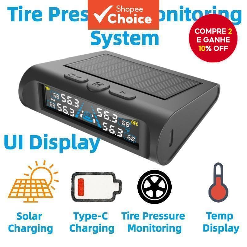 Sistema de Monitoramento de Pressão dos Pneus de Carro T21 TPMS Exibição de Interface Carregamento Solar Sem Fio com 4