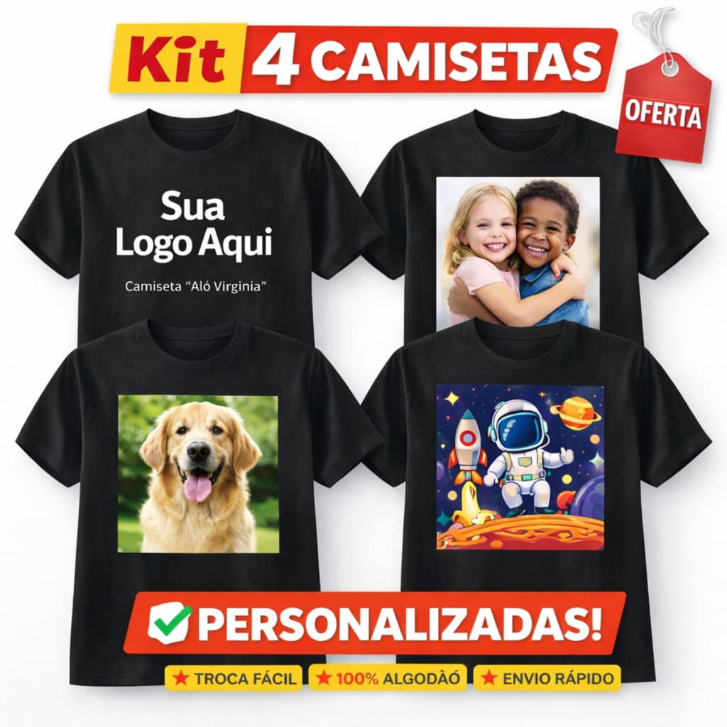 Kit 4 Camisetas estampadas Personalizadas Conjunto Casal Sua Logo Aqui Algodão 100%
