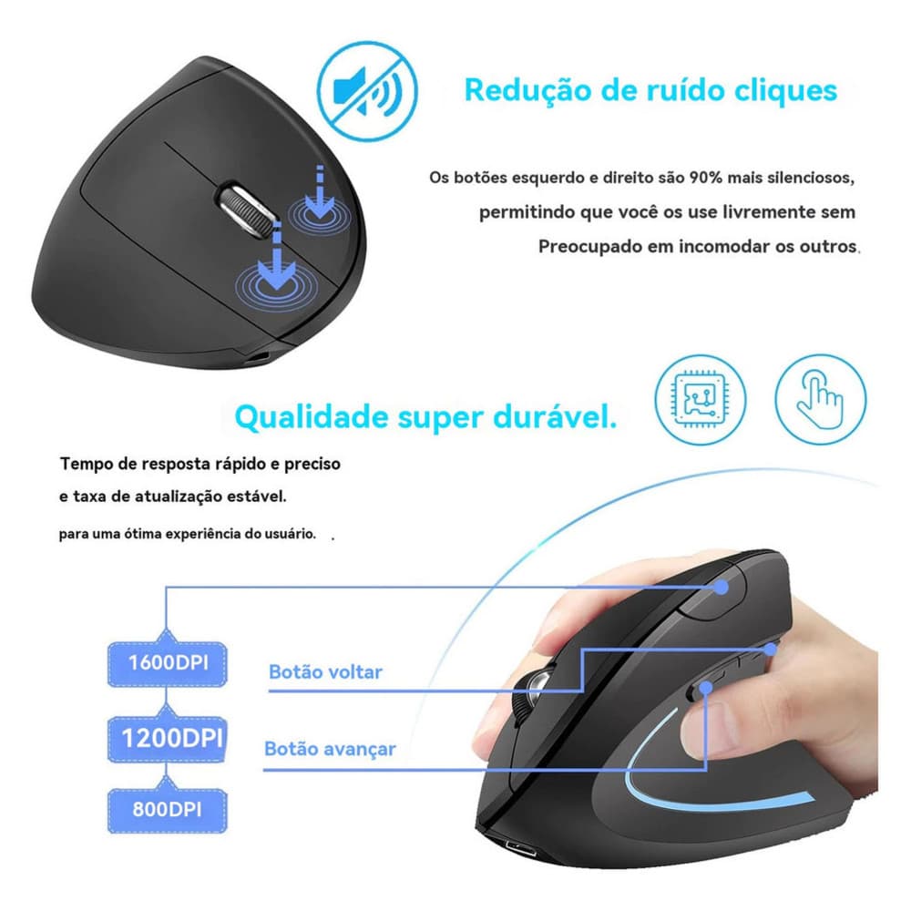 Mouse vertical sem fio, dual mode Bluetooth 2,4 GHz, recarregável, design ergonômico com LED.