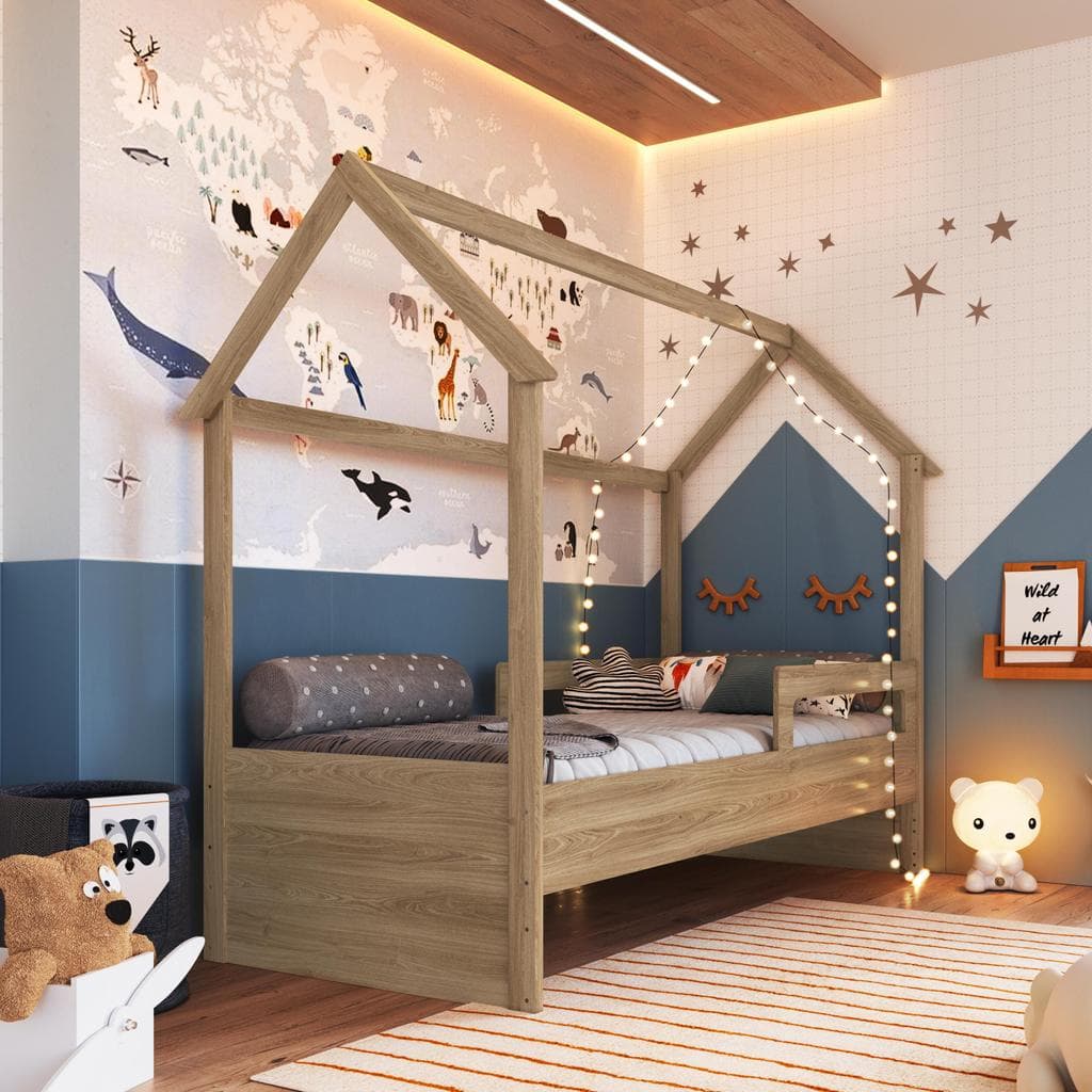 Cama Infantil Casinha Montessoriana Solteiro 188x78 com 2 Regulagens e Proteção Lateral Aveiro Oak