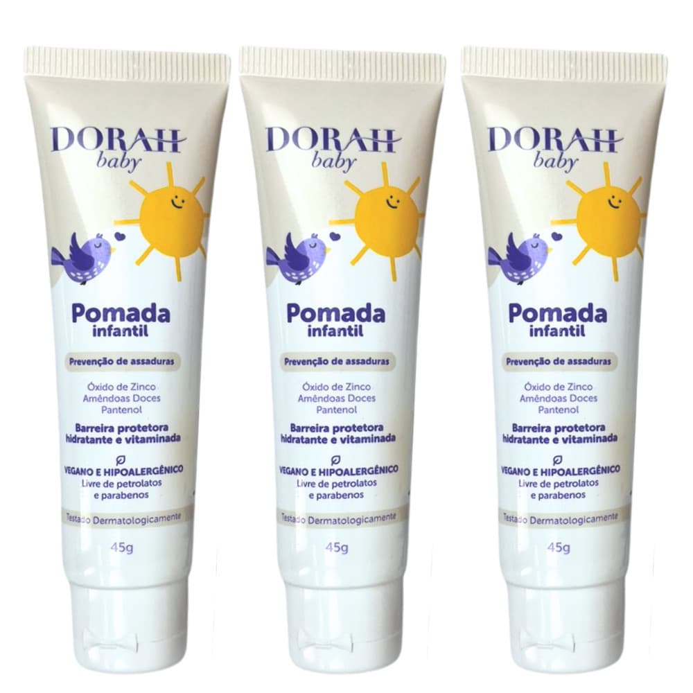 Kit 3x Dorah Baby Pomada para Assaduras 45g – Fórmula com Óxido de Zinco e Pantenol - Textura fácil de espalhar