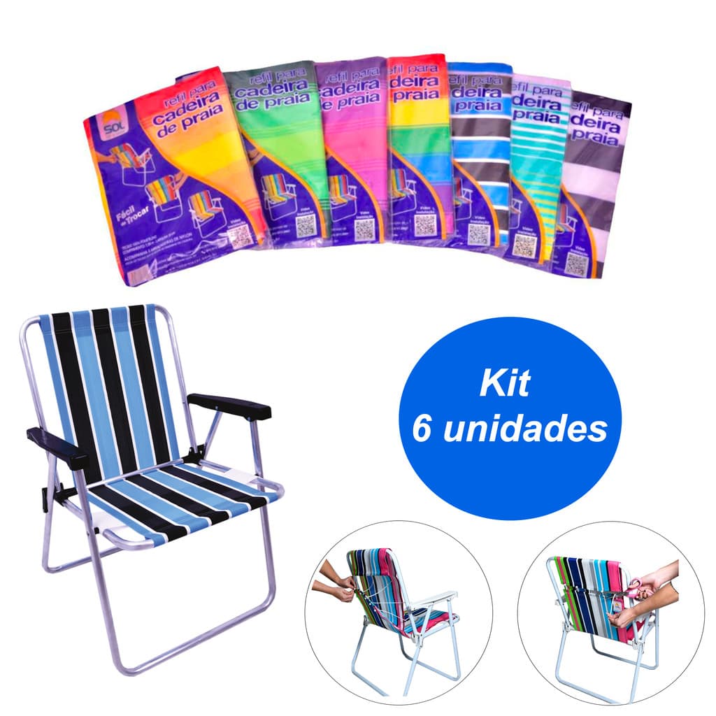 Kit Com 6 Peças Refil Cadeira de Praia Alta Diversas Cores Suporta 120KG
