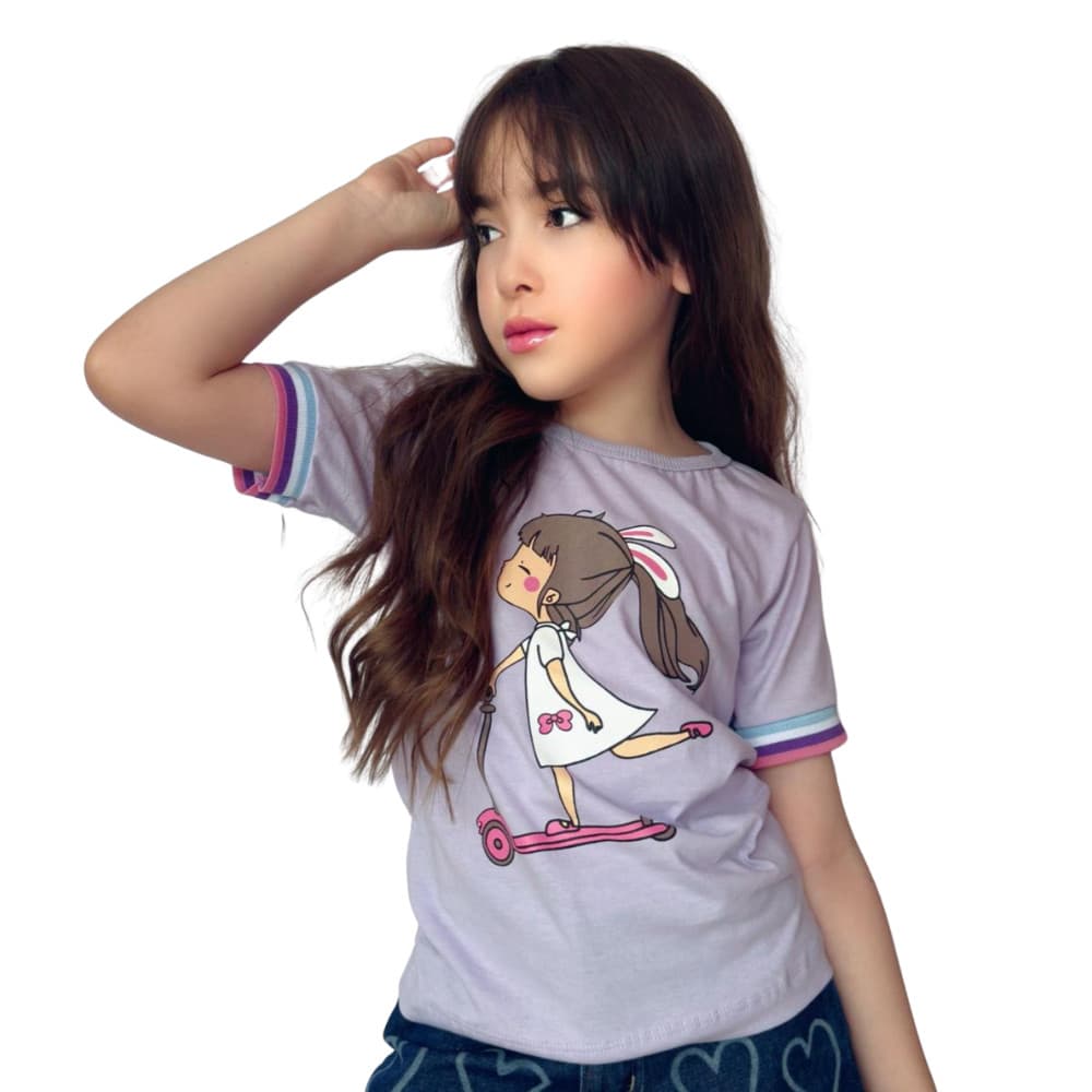 Kit Blusa Infantil Menina T-shirt Estampada Manga com Barrinha Colorida