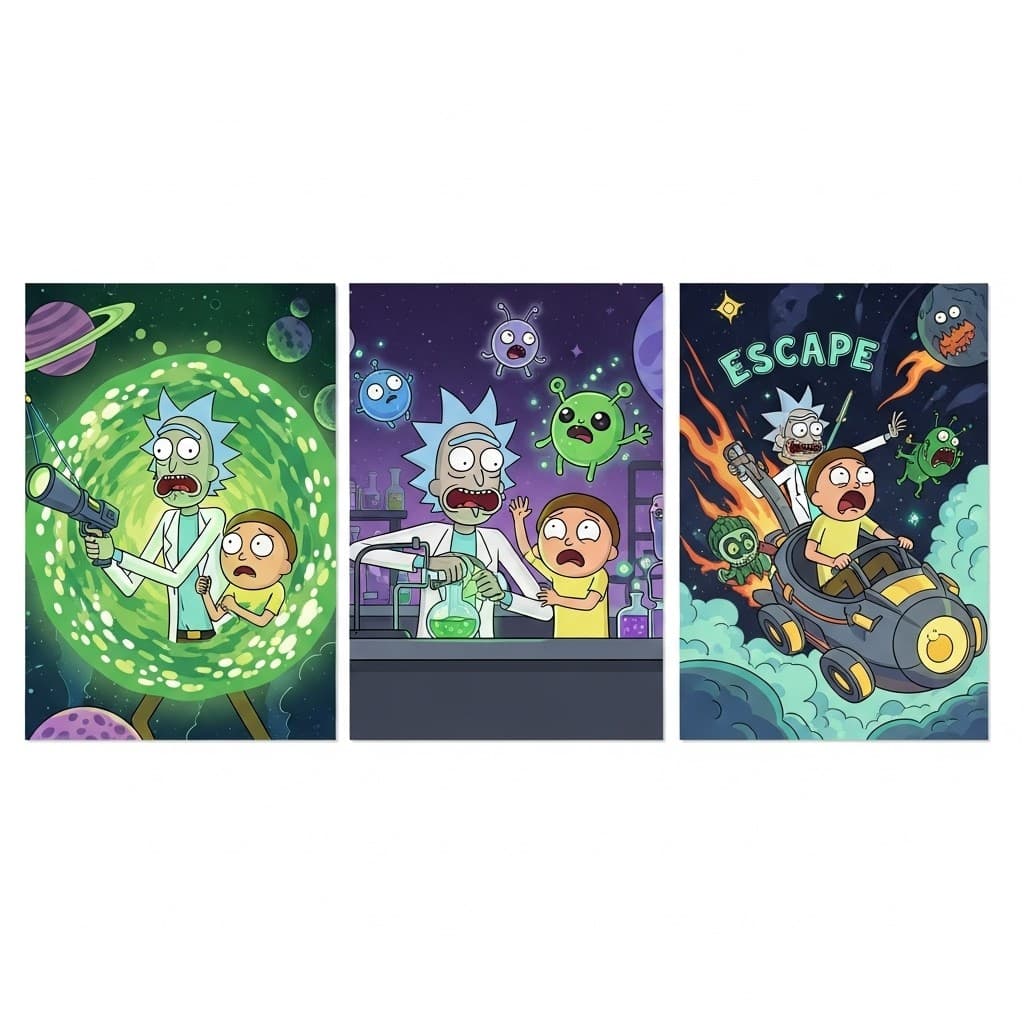 Rick & Morty – Trio de Quadros Malucos que Todo Fã Precisa Ter no Quarto!” Frete Gratis