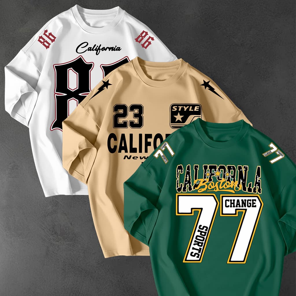 Kit 3 Camisetao Oversized Streetwear Estampa California Boston 86 23 77 Unissex Algodao Premium Top