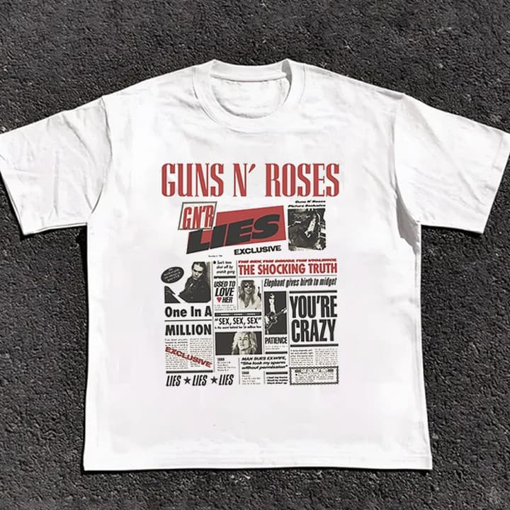 Camiseta Oversized ou Básica Banda Gun's And Roses Lies Jornal Vintage Notícia Rock and Roll Heavy Metal