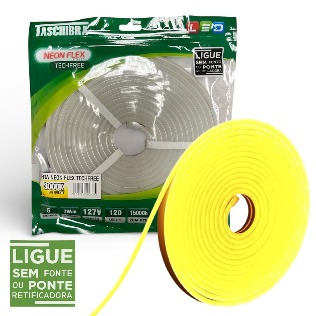 Fita Led Neon Flex 5 Metros 7W/M 120 Leds Quente 3000K 127V