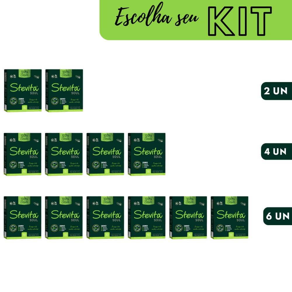 Adoçante 100% Stevia Stevita Soul Sachê Pó Sem Lactose Dietético Natural KIT'S com 2,4 e 6 Caixas