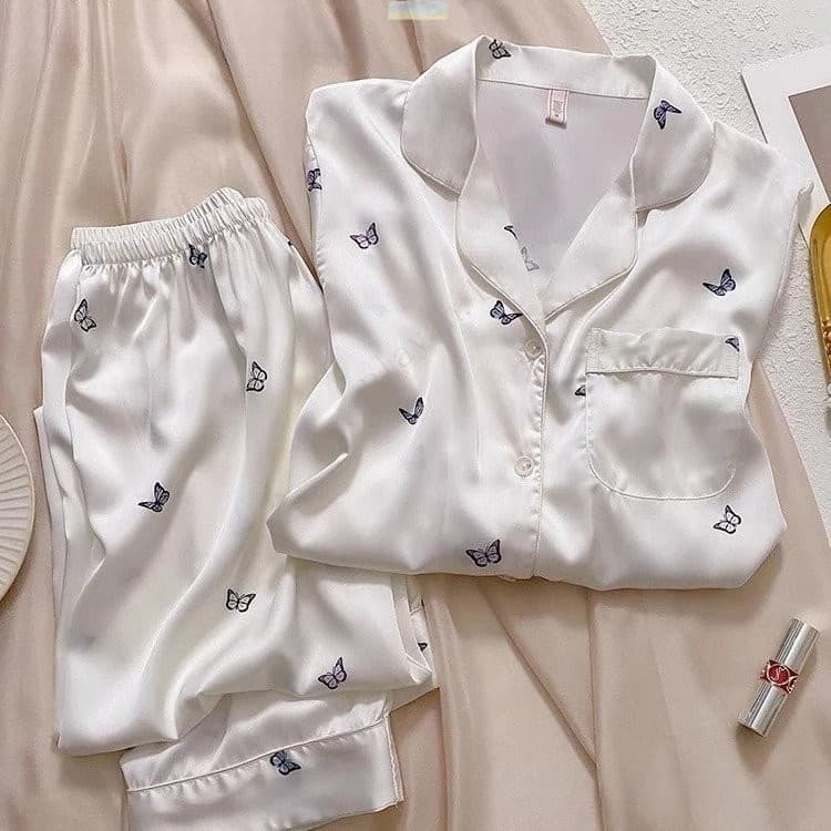 Estilo de Primavera e Outono Pijamas de Verão de Seda Gelada Finos Loungewear Manga Longa Doce