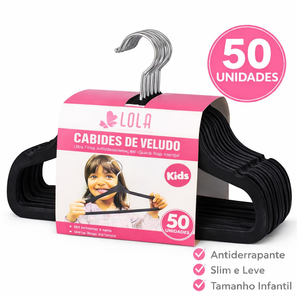 Cabide Kids Infantil Preto Pacote Com 50 Unidades 30cm Cabide Slim Velvet
