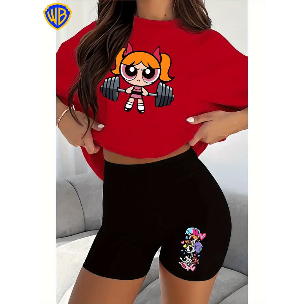 Conjunto de Duas Peças Feminino  Estampado, T-Shirt de Manga Curta de Verão com Gola Redonda e short  Pretos