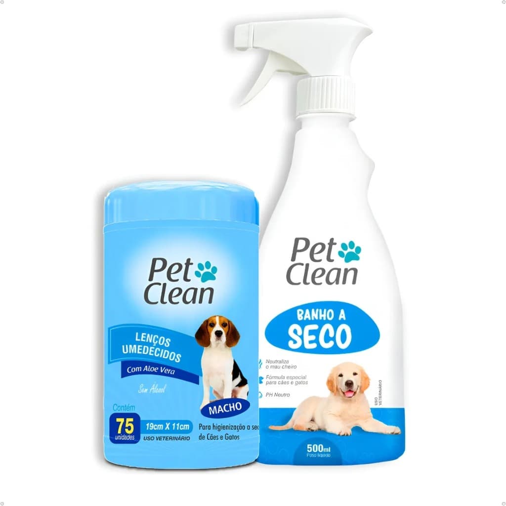 Kit Banho a Seco Pet Clean 500ml + Lenço Macho