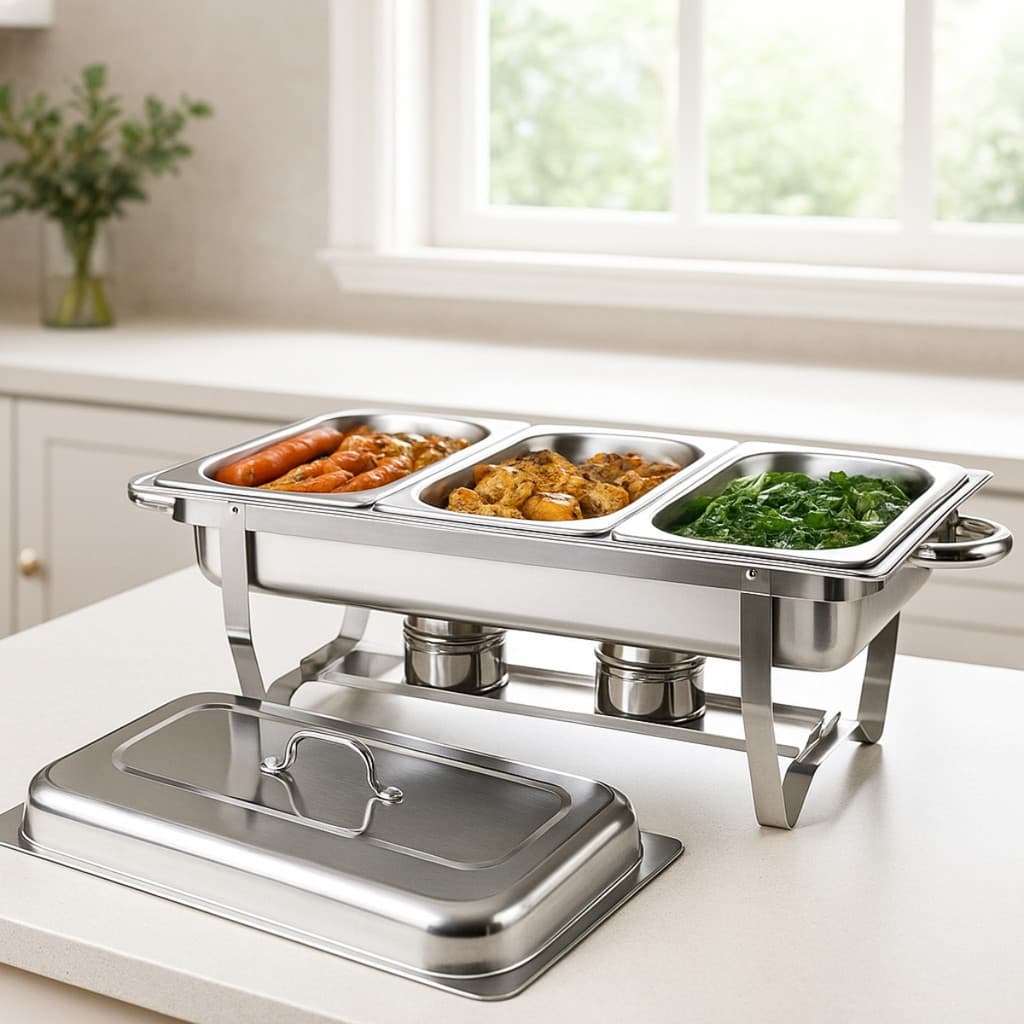 Rechaud 12 litros Retangular 3 Cubas Inox Banho Maria Fogareiro