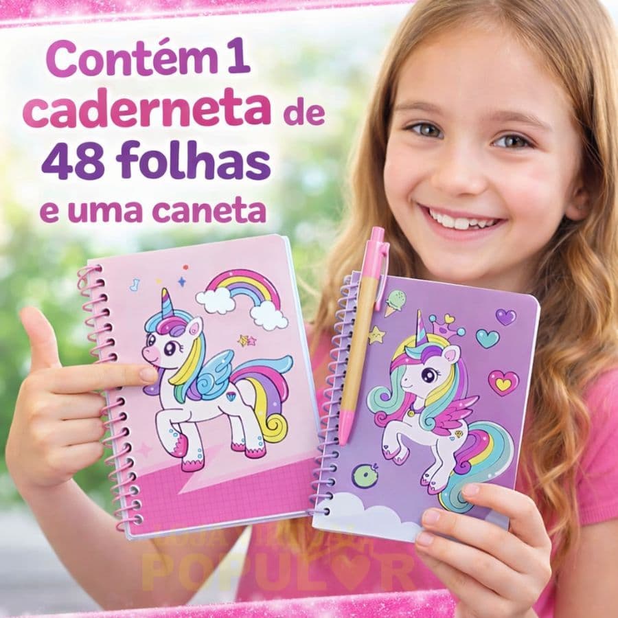 Caderneta Divertida Compacta 48 Folhas1 Caneta Unicórnio Infantil 15cm