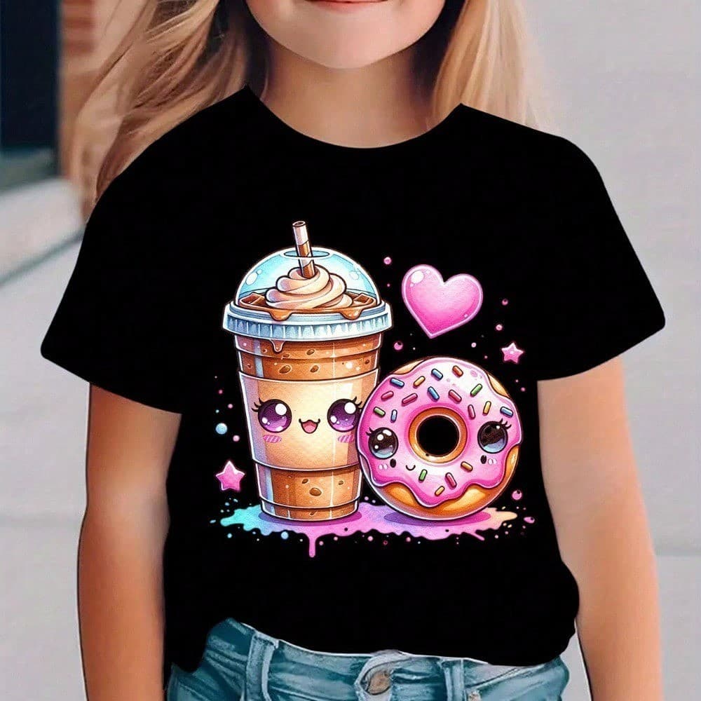 T-shirt Camiseta Infantil 100% Algodão Premium Bubble Tea e Donut