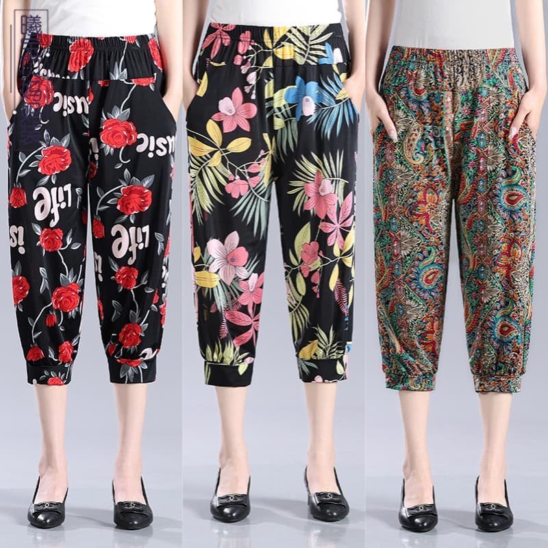 Calças femininas idosas de meia-idade, roupas da mãe, verão, Bloomers, seda gelada, estampadas, calças finas, cintura al