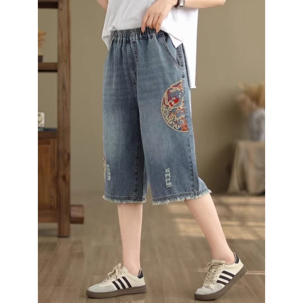 Estilo étnico cortado Denim calças de perna larga feminino verão fino Retro bordado solto elástico de cintura alta desga