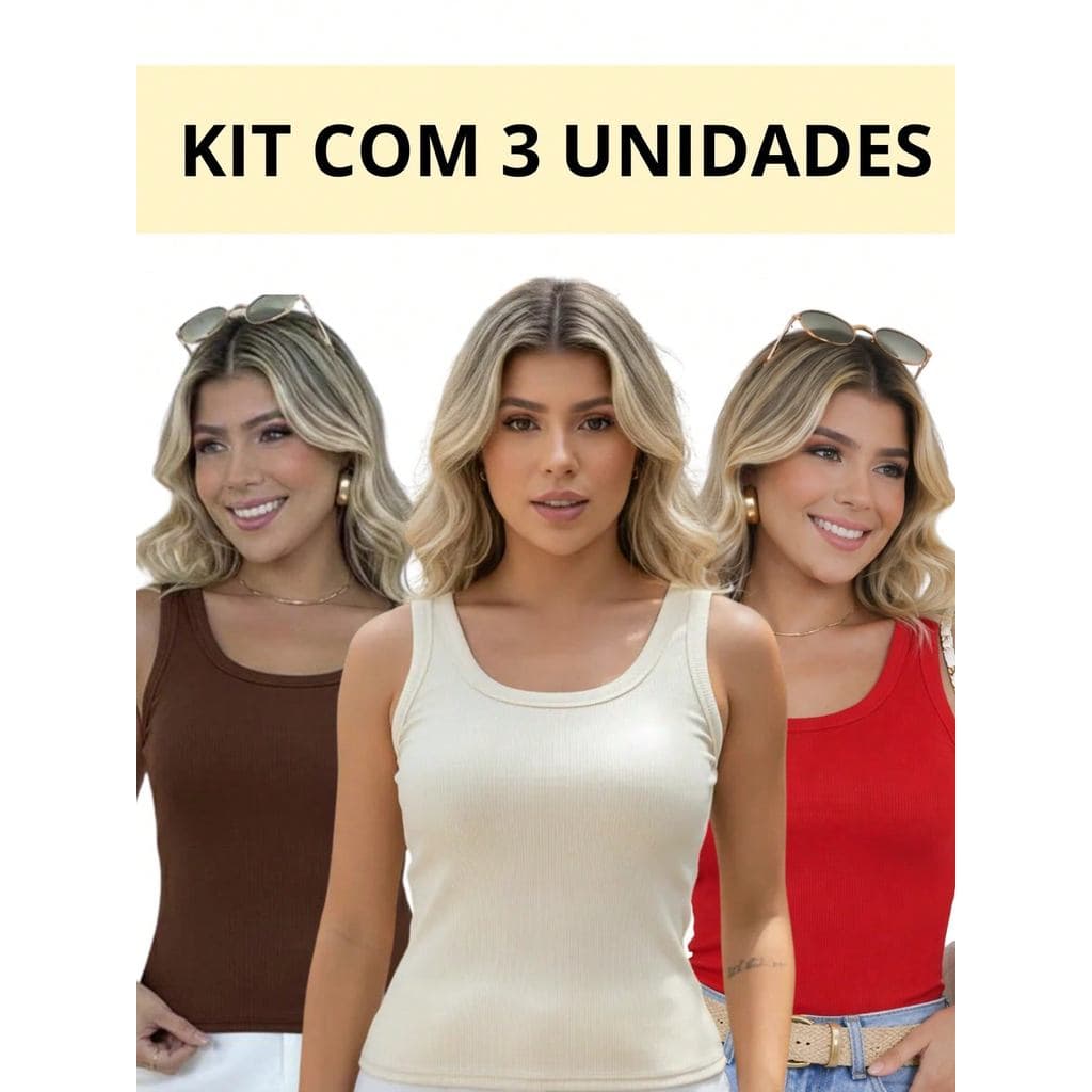 Kit 3 Regatas Femininas Alça Larga sem Bojo