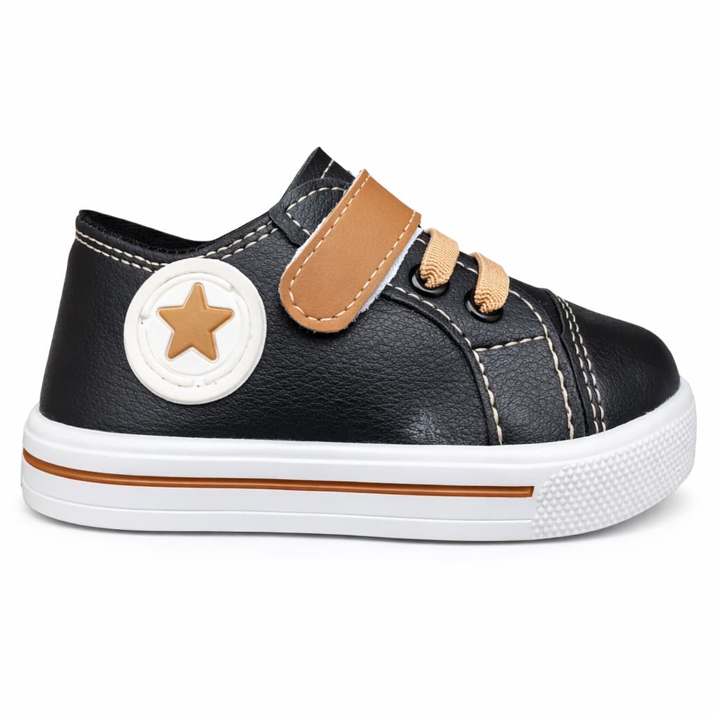 Tênis Bebê Preto Star Com Velcro Confortável Antiderrapante Infantil