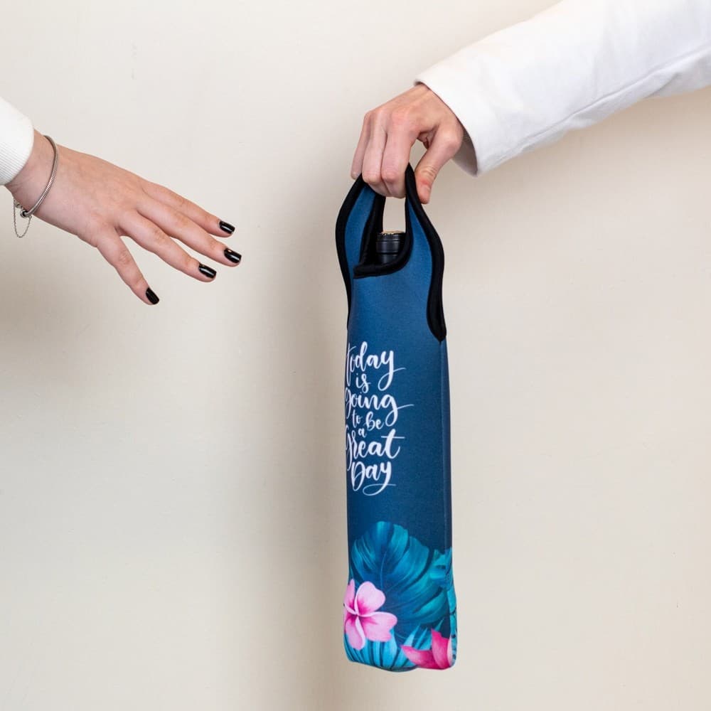 Bolsa Térmica para Vinho Great Day - Neoprene Azul Floral - Protege e Mantém Gelada