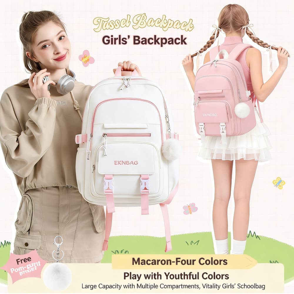 Mochila Estética Fofa , Projetada Para Meninas Bolsa Escolar À Prova D'água Com Pingentes Pom-Laptop De Grande Capacidad
